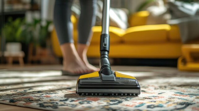 A close-up of a vacuum cleaner on a carpet. The image shows the vacuum cleaner in use, cleaning a carpet in a living room setting. - Powered by Adobe