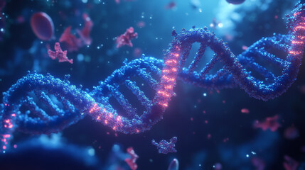 Gene therapy involves changing the DNA inside cells. This image shows a simplified 3D model of a DNA molecule.  The blue color represents the potential for innovation in medicine and biotechnology.