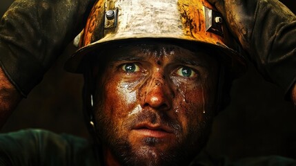 Close-up portrait of a man with dirt on his face and a hard hat.