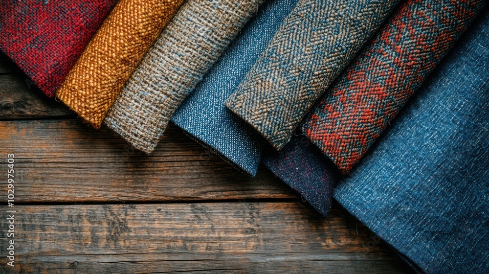 Poster a variety of fabric samples in different colors and patterns are arranged in a diagonal line on a ru