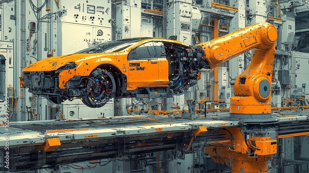 Poster a robotic arm works meticulously on a sleek, futuristic car frame, with intricate machinery and elem