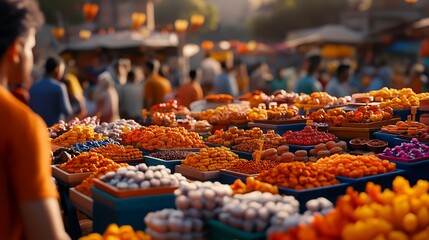 Vibrant sweets and treats on display at an outdoor Indian market during festive season.