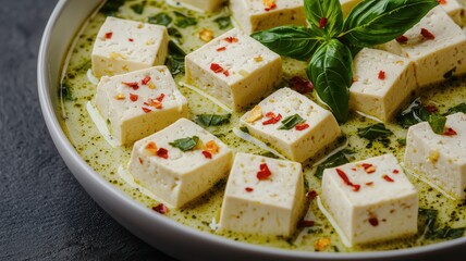 Cubes of soft white tofu floating in a rich green basil-infused broth, garnished with chili flakes and fresh basil leaves.
