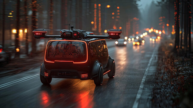 A sleek, autonomous black vehicle navigates a rain-soaked street adorned with glowing city lights, highlighting futuristic transportation innovation and technology.