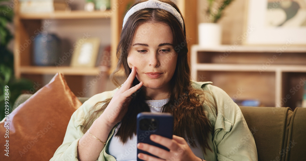 Poster sofa, woman and thinking with smartphone for chat, connection and message with contact. home, female