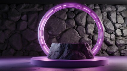 Hyper-Realistic Rock Podium with Purple Lighting &ndash; Abstract Background for Product Display