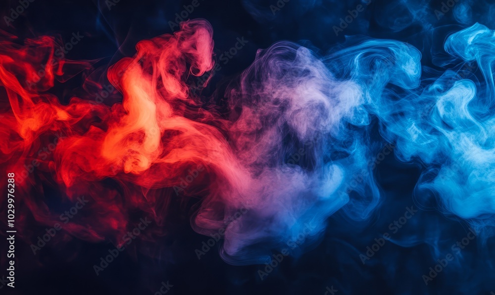 Poster this image shows an intense and dynamic interaction of red and blue abstract smoke with hints of fir