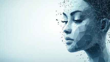 A 3D image shows a woman's face made of geometric shapes. It represents the use of DNA technology in cosmetics. The image emphasizes the use of vitamins and anti-aging serums.low poly wireframe.