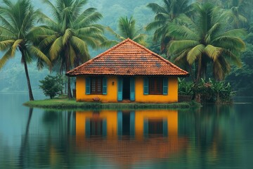 Fototapeta premium Idyllic lakeside house with orange roof, surrounded by palm trees and reflecting on tranquil water