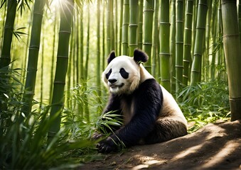 A charming panda sits contentedly, munching on bamboo.