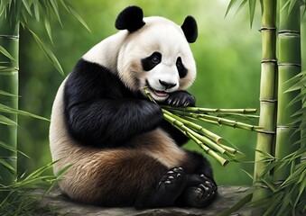 A charming panda sits contentedly, munching on bamboo.