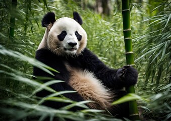 A charming panda sits contentedly, munching on bamboo.