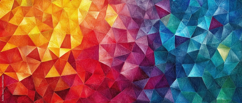 Poster a vibrant geometric pattern featuring a gradient of colors from yellow to red and blue, creating a d