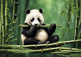 A charming panda sits contentedly, munching on bamboo.
