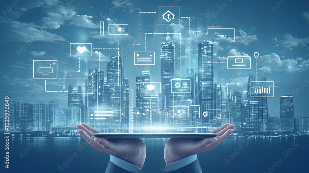 Poster a pair of hands hold a smart device projecting a futuristic cityscape with digital connections and i