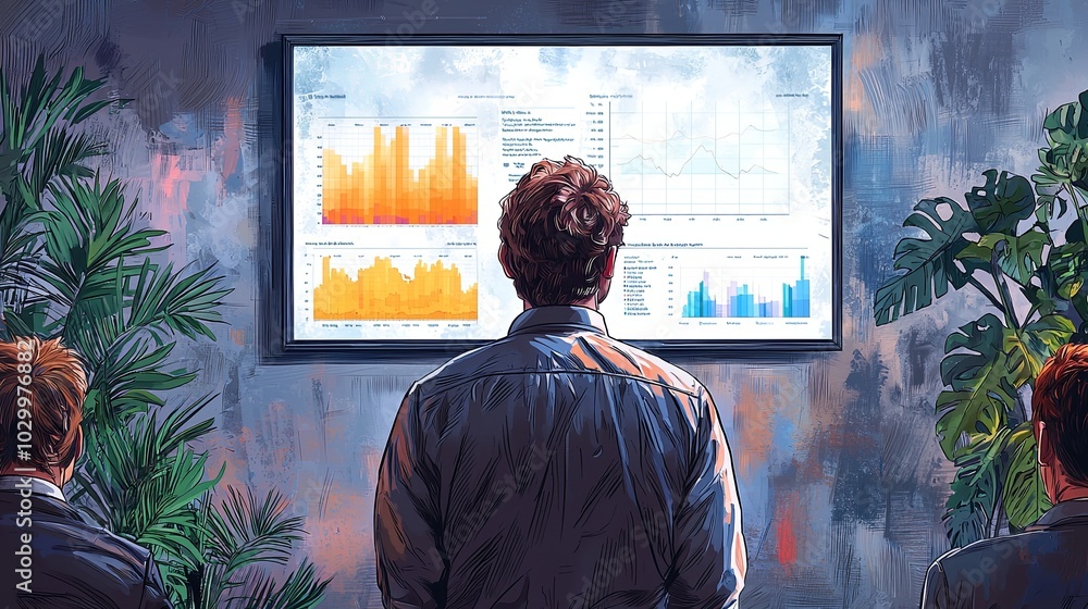 Poster a businessman intently examines data on a screen with vibrant graphs and charts, symbolizing analysi