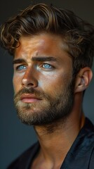 Obraz premium Close-up Portrait of a Handsome Man with Blue Eyes and a Beard