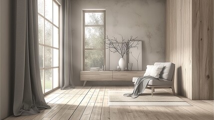 A serene minimalist room showcasing wooden accents, soft natural light, and carefully selected decor pieces like a chair and vase, creating a calming atmosphere.