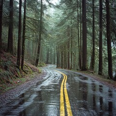 Obraz premium A winding wet road through a lush forest, showcasing a serene and tranquil landscape after rain.