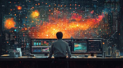 Fototapeta premium An intricate digital illustration showing a data analyst deeply engaged with multiple glowing datasets on a large monitor, symbolizing focus and technological expertise.