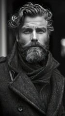 Portrait of a Handsome Man with a Beard and Wavy Hair