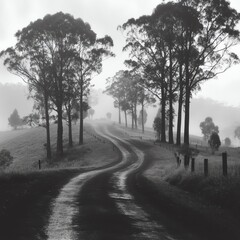 Fototapeta premium A winding road surrounded by tall trees in a misty landscape, evoking a sense of mystery and tranquility.