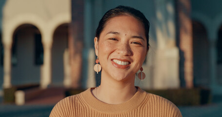 Smile, school and portrait of teacher outdoor with career in education, learning and knowledge....