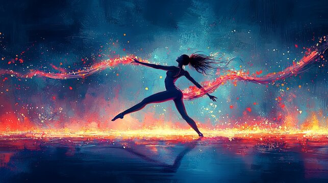 A silhouette of an elegant dancer in motion, surrounded by vibrant and fiery colors that evoke passion, energy, and the transformative power of dance.