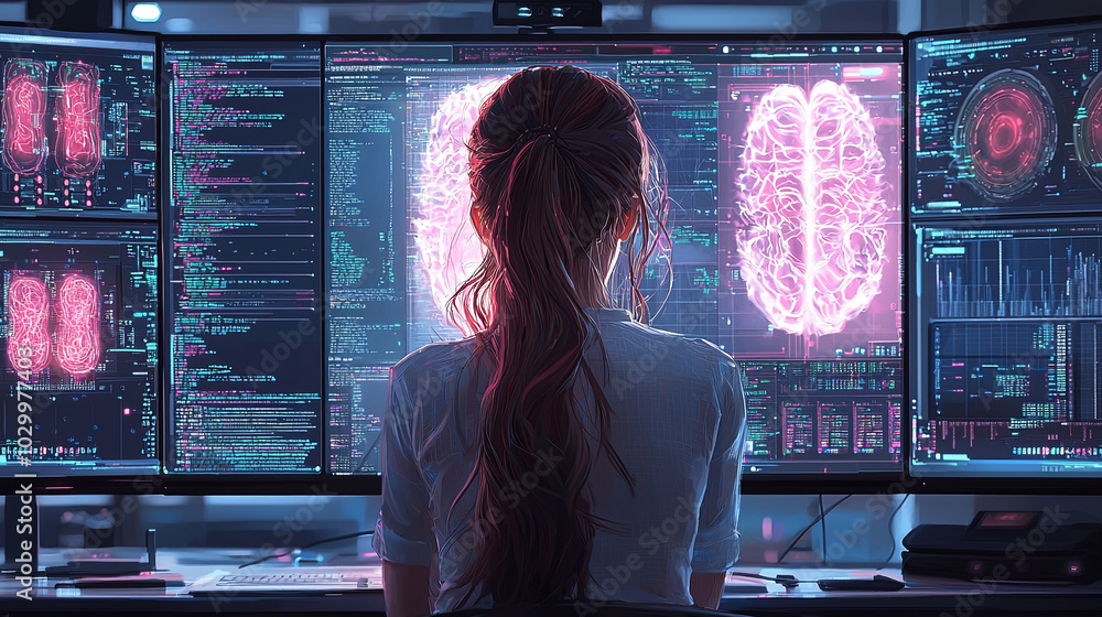 Poster a woman is immersed in analyzing complex brain data displayed across multiple screens, showcasing hi