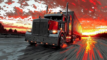 In this vibrant illustration, a dynamic truck speeds along a highway at sunset, symbolizing journey, determination, and the vibrancy of the transport industry.