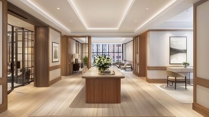 Modern Lobby Interior with Wooden Accents and City View