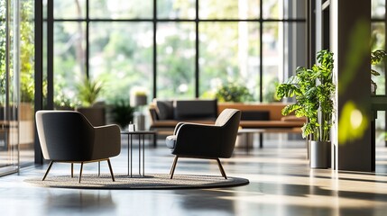 A sleek and contemporary office space featuring stylish furniture bathed in natural light. The background is intentionally blurred, creating a sense of depth and focus on the foreground elements. 