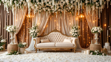 A wedding ceremony backdrop featuring white flowers cascading from the ceiling, adorned with golden lights and drapes, a white couch, and white floral arrangements on the floor.
