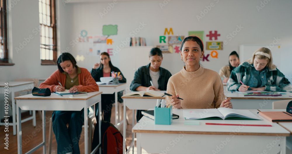 Poster academy, thinking and education with girl in classroom for learning, entrance exam and scholarship. 