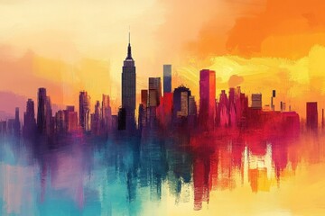Colorful abstract cityscape silhouette against a sunset background.