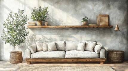 This rustic living room features an elegant sofa, wooden shelves lined with books, and lush plants, blending natural elements with modern comfort seamlessly.