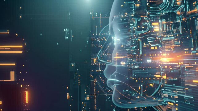 Digital human profile made of data & code, representing AIs rise in finance, Reflecting the growing presence of AI in financial services design