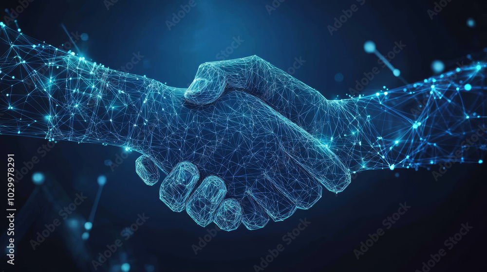 Aufkleber a handshake represents a business agreement using blockchain technology. the design features a chain