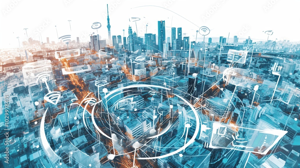 Poster a futuristic cityscape blending technology elements with urban architecture. the scene highlights co