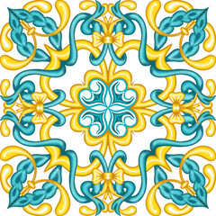 Traditional Azulejo ceramic tiles. Hand drawn watercolor Italian print for fabric and wallpaper. Sicilian majolica in blue and yellow colors. Mediterranean style ornament.