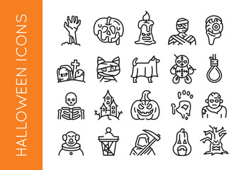 Fototapeta premium Halloween icons. Set of 20 Halloween trendy minimal icons. Skull, Zombie, Mummy, Pumpkin, Haunted House icon. Design signs for web page, mobile app, packaging design. Vector illustration