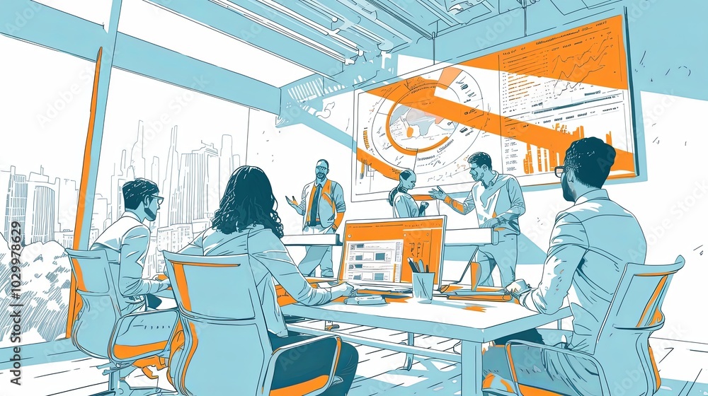 Poster a group of professionals engaged in collaboration in a modern office, with a large display screen sh