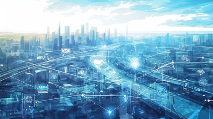 Naklejka premium A futuristic network visualization over a cityscape represents the immense growth and connectivity of technology and communication through digital networks.