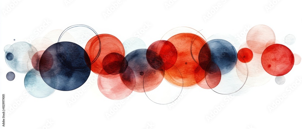 Poster a vibrant abstract watercolor image featuring overlapping circles in red, blue, and light hues, crea