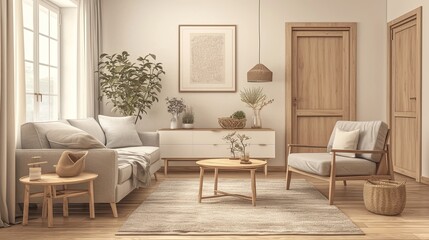 A beautifully decorated living room with contemporary furniture, soft neutral tones, and ample natural light, creating a calming and inviting atmosphere.