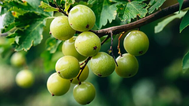 A close-up of Indian gooseberries growing on a branch in the summer