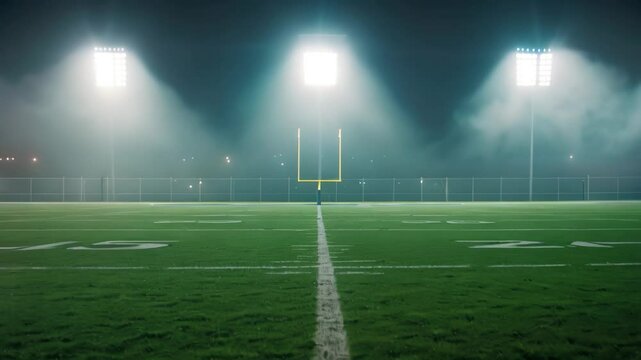 A deserted football field at night with stadium lights reflecting off the fog, Reflective stadium lights shining on a deserted football field - Powered by Adobe