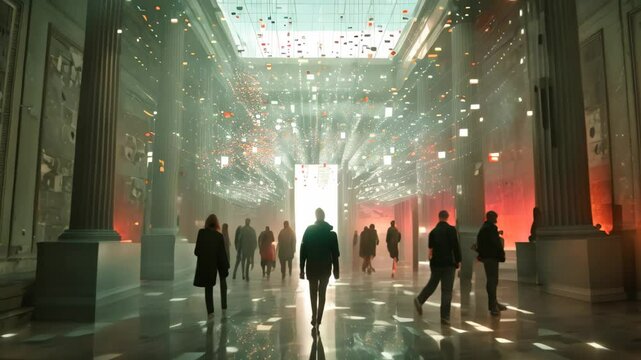 A futuristic hallway filled with light and a digital agora, showcasing silhouettes of people gathering in a virtual space, Reimagine the concept of the agora as a digital interactive installation