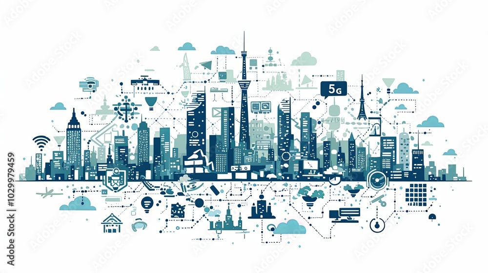 Poster an artistic representation of a modern cityscape, integrating various technological elements and a c