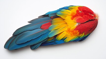 Fototapeta premium A stunning macaw parrot feather, adorned with vibrant hues, sits in isolation against a pure white backdrop. Its intricate patterns and delicate texture create a captivating display. 